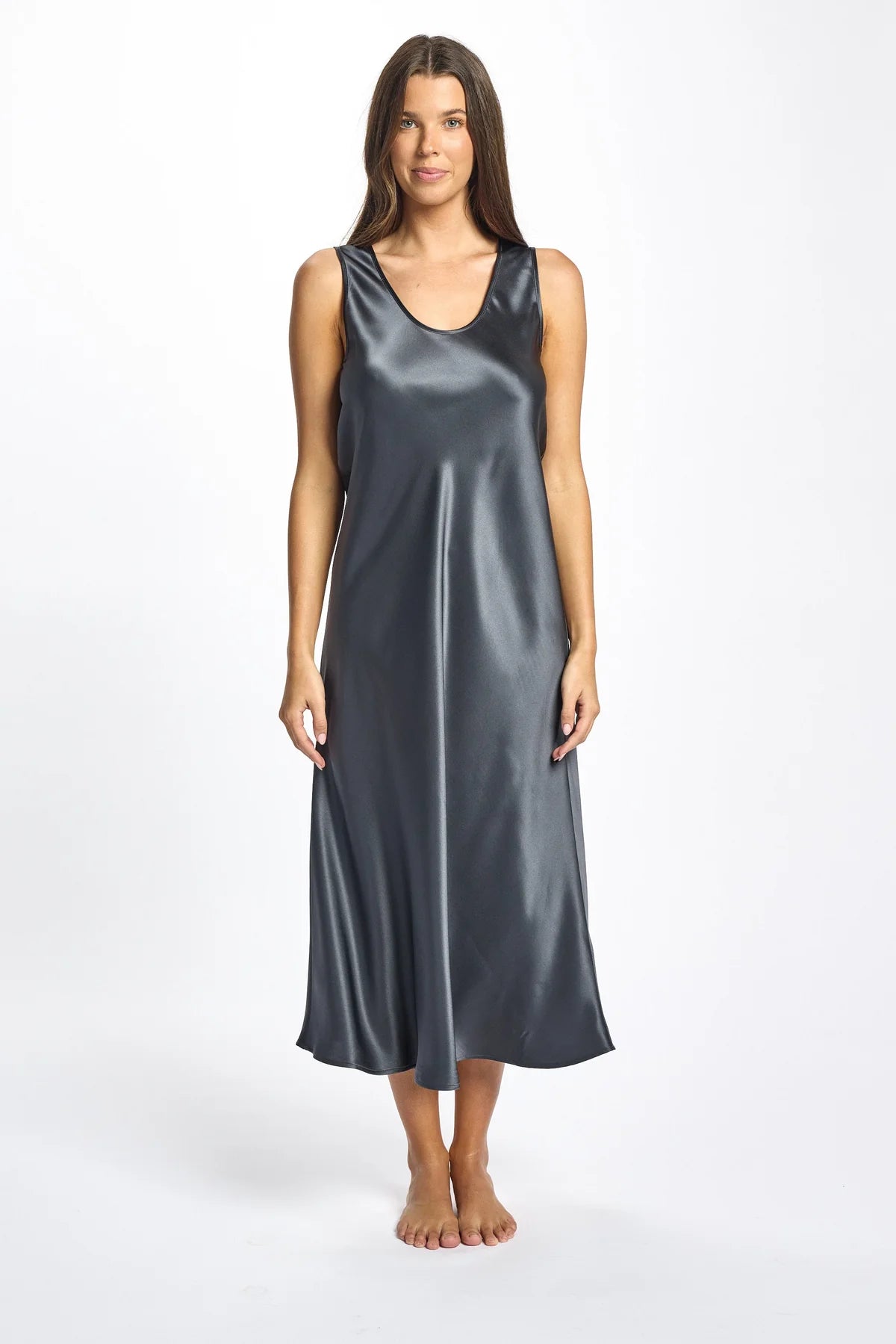 Love and Lustre Mono Silk Long Nightdress in Monument color, elegant sleepwear with smooth silk fabric and flowing design.