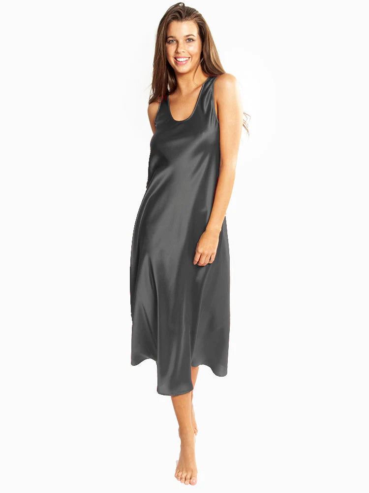 Love and Lustre Mono Silk Long Nightdress in zinc color, elegant sleepwear with smooth silk fabric and a flowing design.