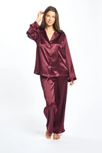 Mulberry silk piped pajama set by LOVE AND LUSTRE featuring a comfortable sleepwear design with contrasting piping details.