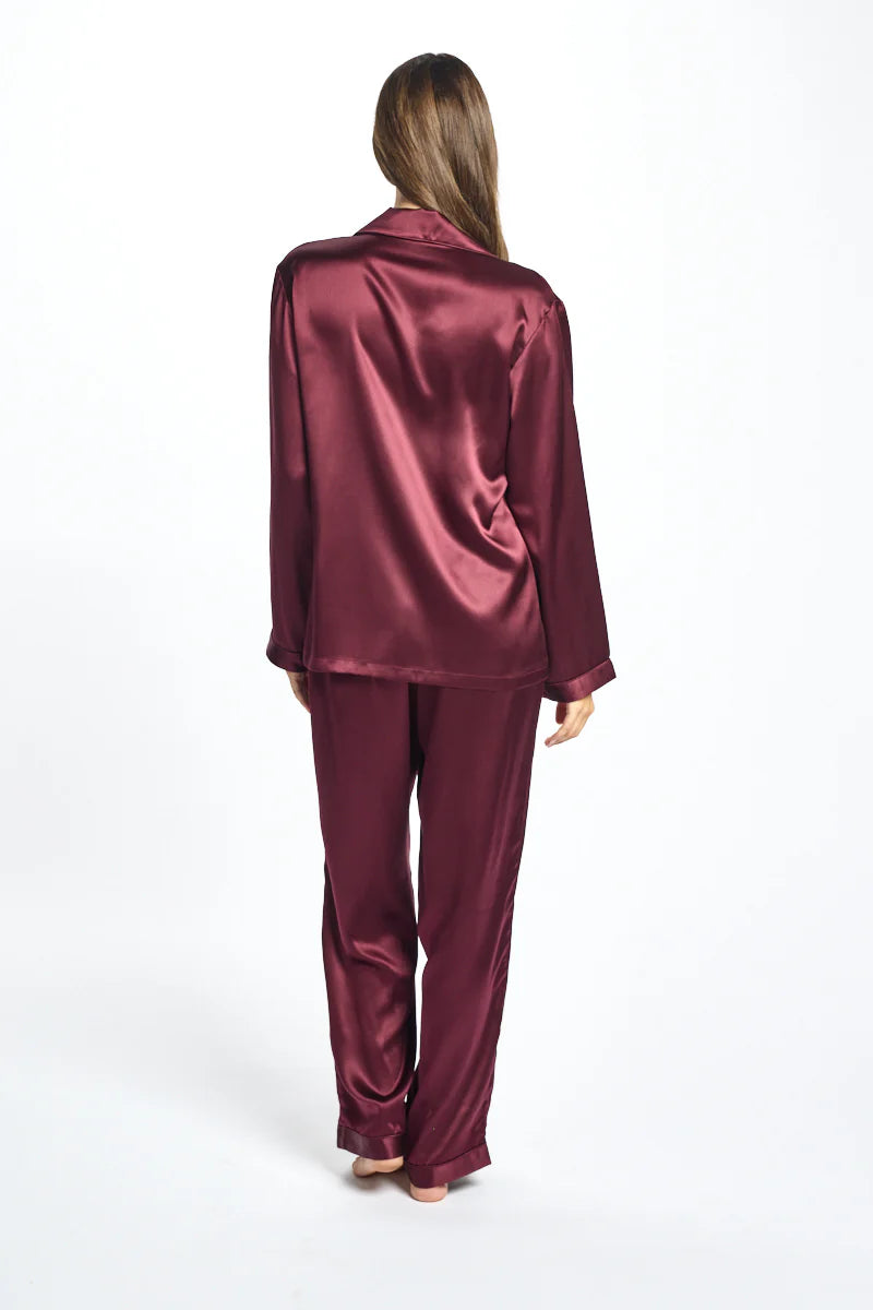Mulberry silk piped pajama set by Love and Lustre, featuring soft sleepwear with contrasting piping details.