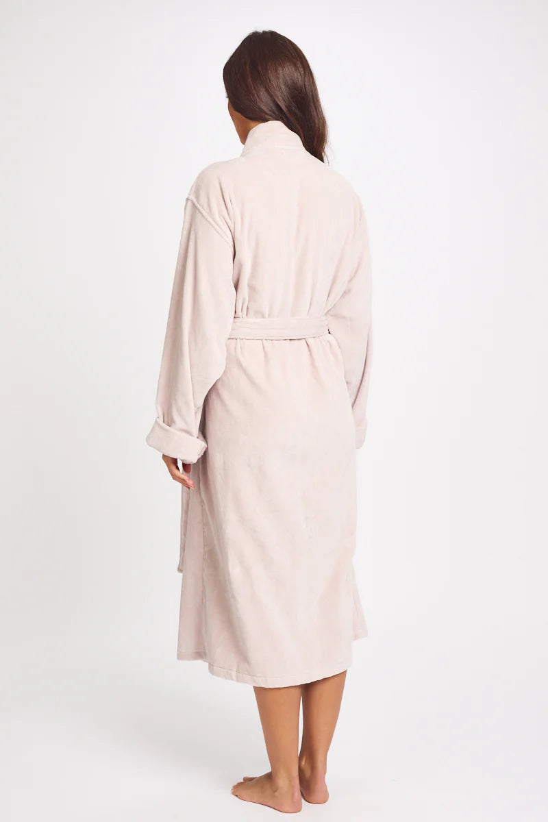 Love and Lustre dusk pink 100% cotton plush sleepwear robe, soft and cozy with a relaxed fit and plush texture.