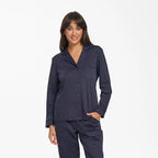 Navy Supima cotton piped pajama top from Love and Lustre sleepwear with contrasting piping and a classic collar.
