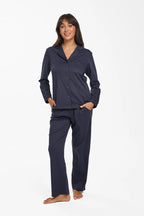 Navy Supima cotton piped pajama top from Love and Lustre sleepwear featuring contrasting piping and a relaxed fit.