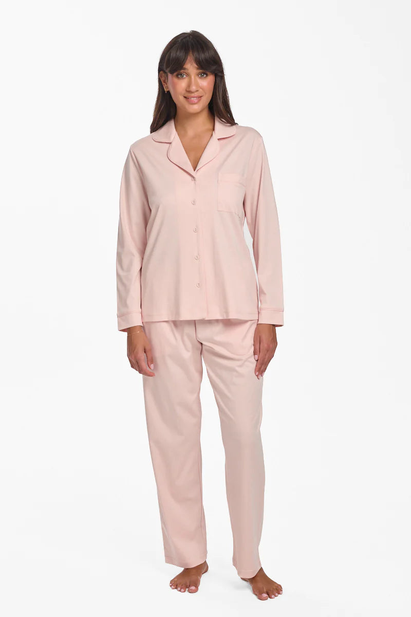 Love and Lustre Supima cotton piped pajama top in rosewater pink, featuring a comfortable sleepwear design with piping details.