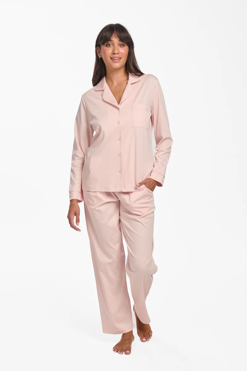 Love and Lustre Supima cotton piped pajama top in rosewater pink, featuring a classic sleepwear design with piped trim.
