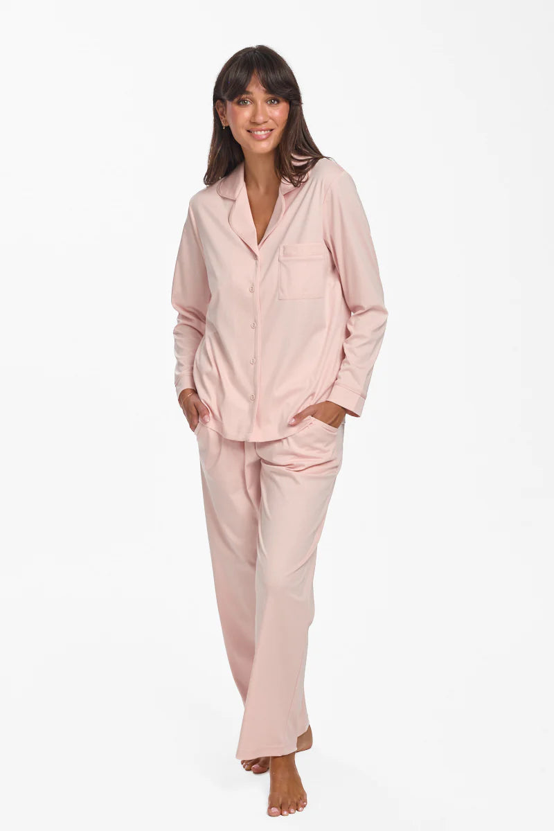 Love and Lustre Supima Cotton piped pajama top in rosewater pink, showcasing soft sleepwear with contrasting piping details.