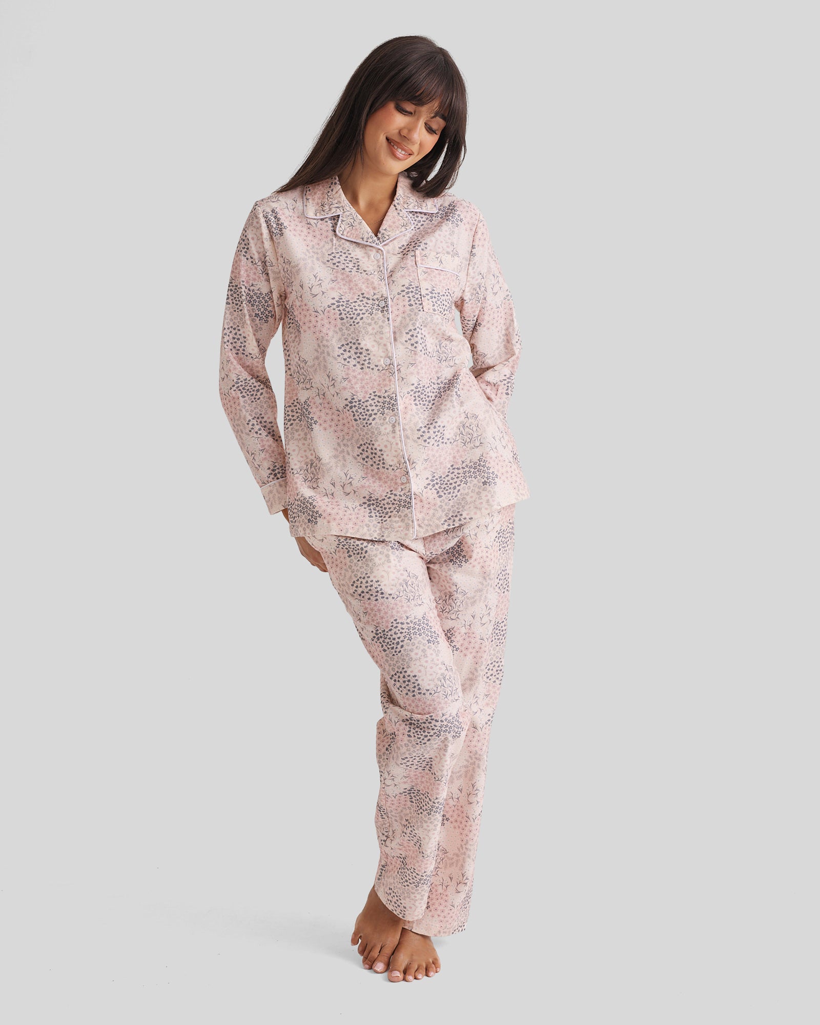 Love and Lustre brushed cotton sleepwear set with a rosewater garden floral print, featuring a cozy, comfortable pajama top and bottoms.