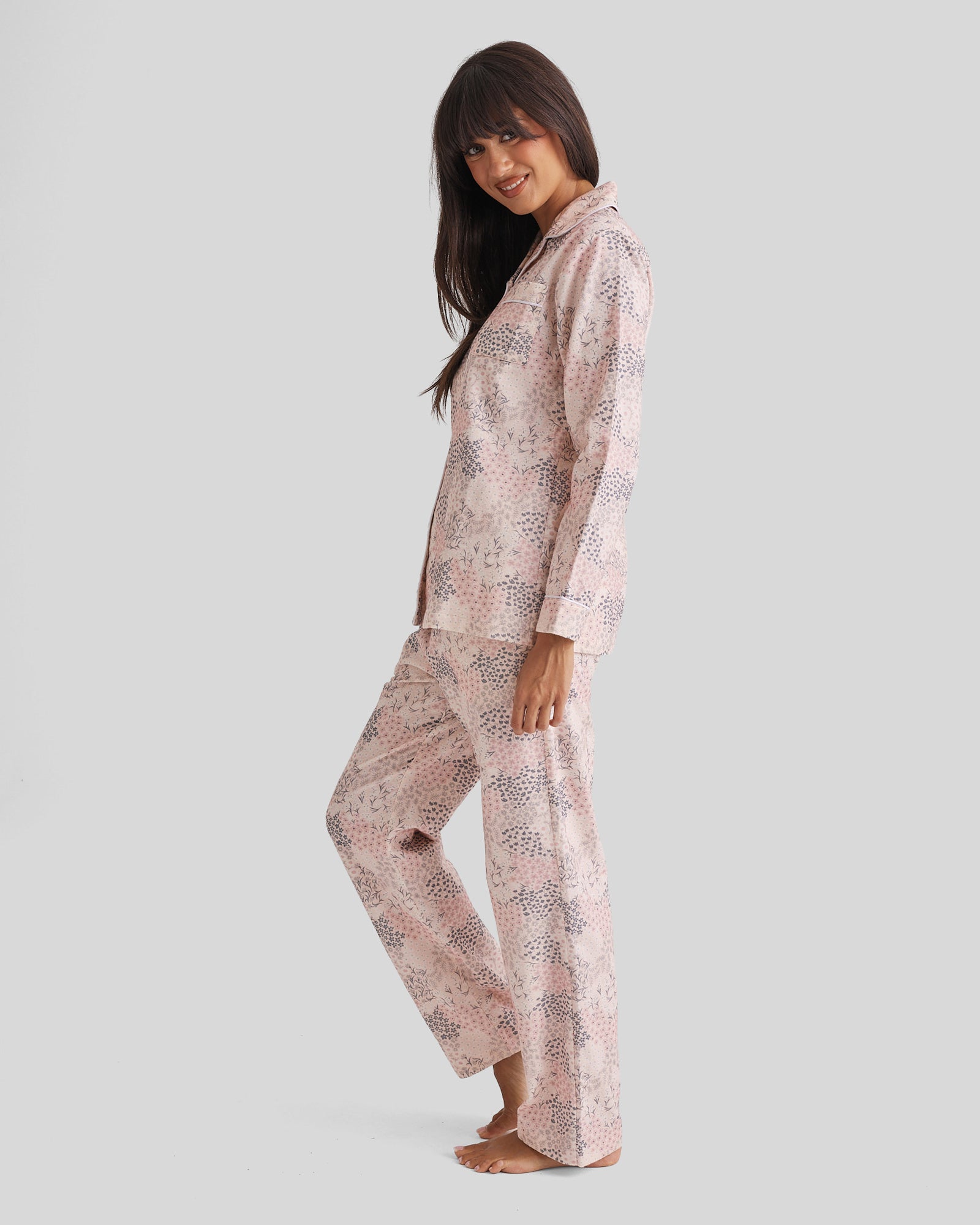 Love and Lustre brushed cotton sleepwear set with rosewater garden floral print in midnight tones, featuring a comfortable pajama top and pants.