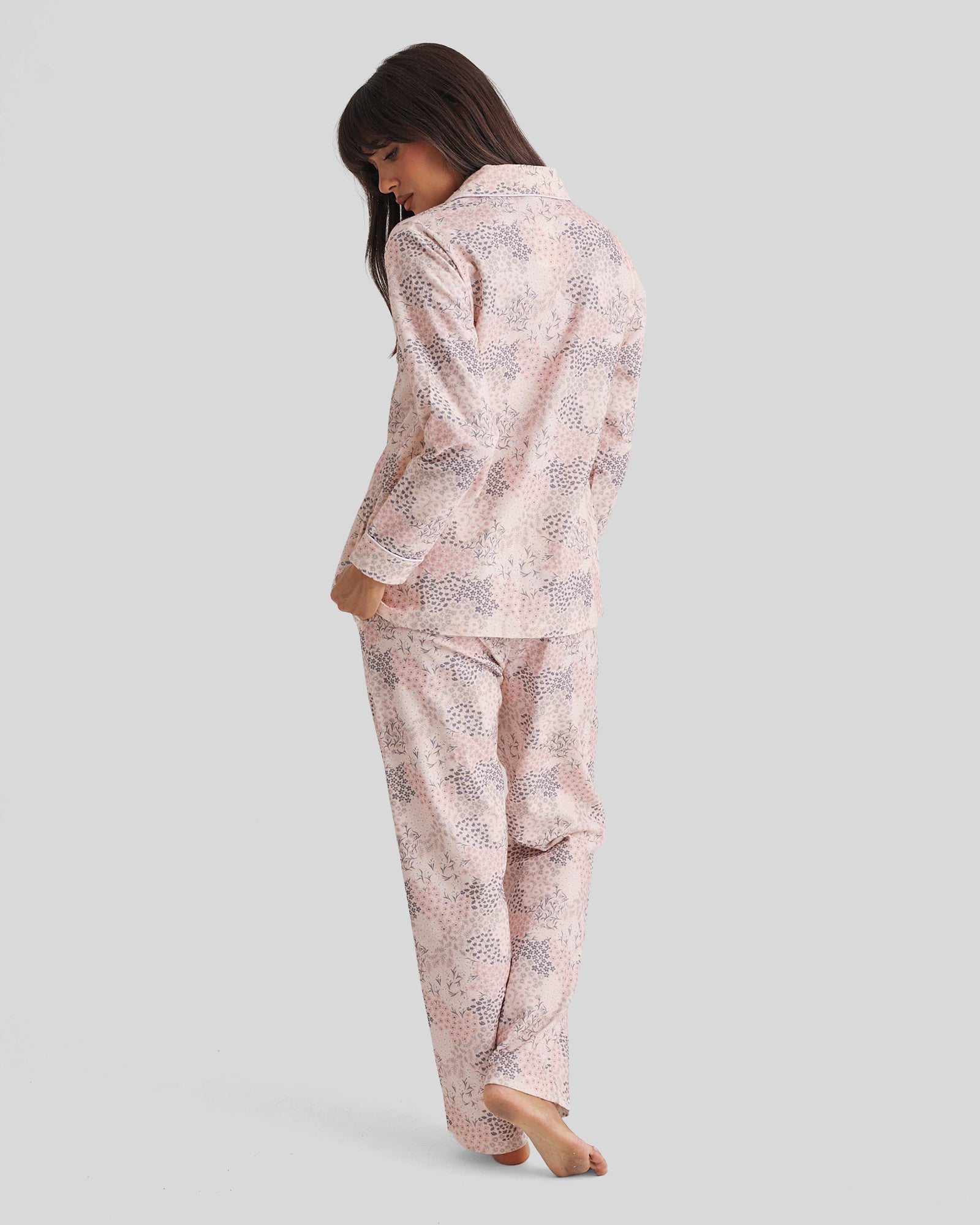 Love and Lustre brushed cotton pajama set with a rosewater garden floral print, featuring a relaxed sleepwear design.