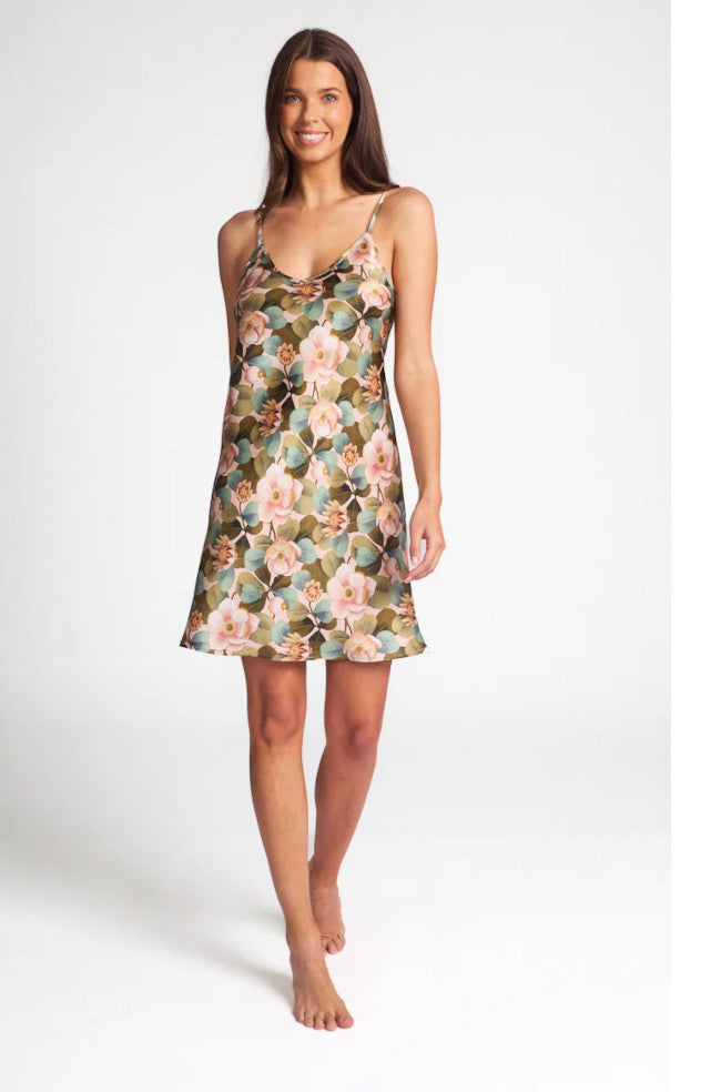 LOVE AND LUSTRE rosea pink floral print silk chemise with adjustable straps, size options 10, 12, and 14.