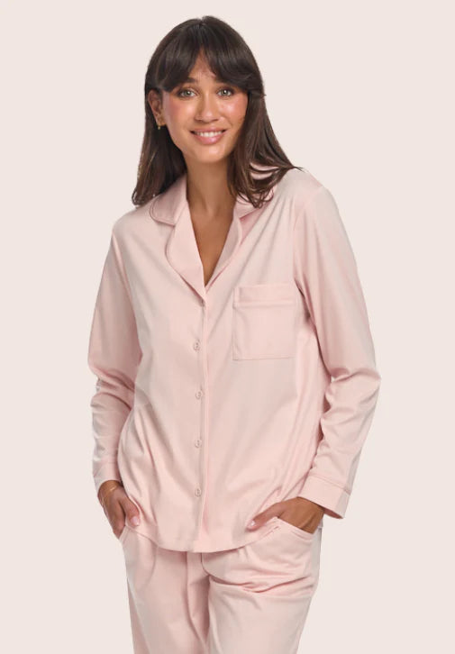 Love and Lustre Supima cotton piped pajama top in rose, soft sleepwear with contrast piping for a comfortable, stylish nightwear look.