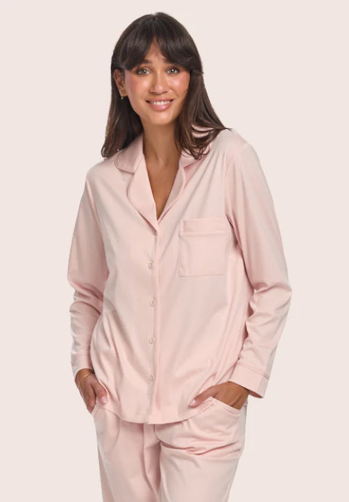 Love and Lustre Supima cotton piped pajama top in rose, soft sleepwear with contrast piping for a comfortable, stylish nightwear look.