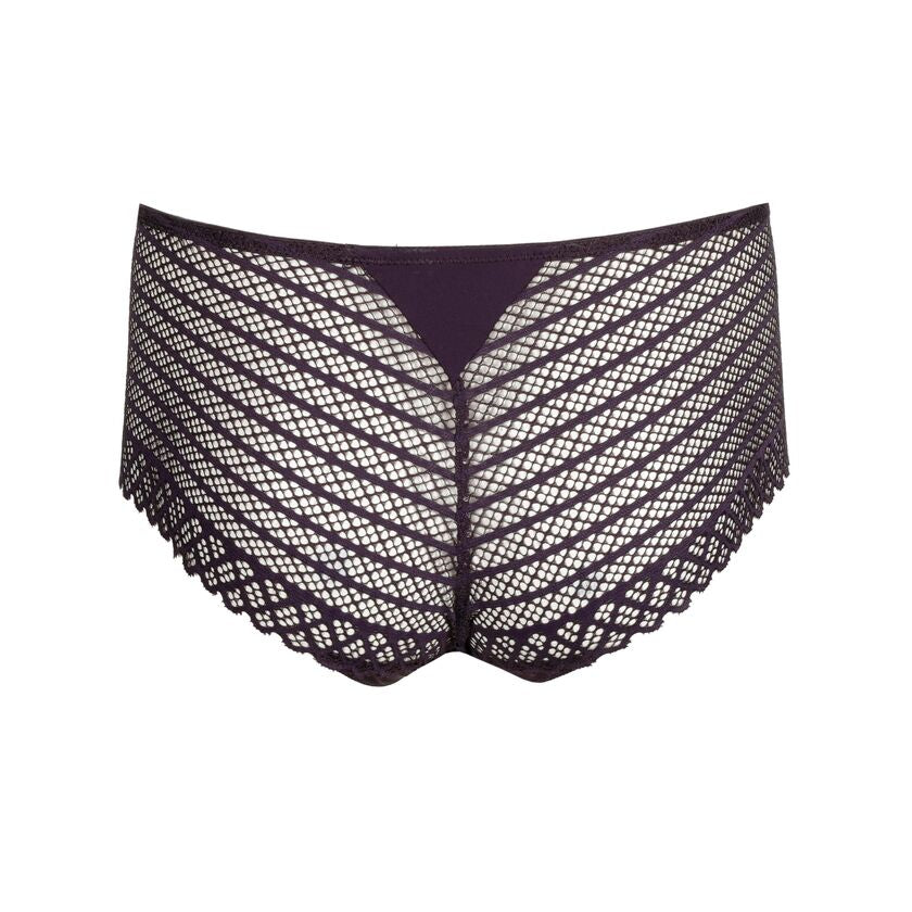 Primadonna Twist East End Stretch Lace Hot Pants in amethyst purple, showcasing delicate lace underwear with a fitted design.