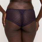 Primadonna Twist East End stretch lace hot pants in amethyst purple, showcasing delicate lace fabric and snug fit.
