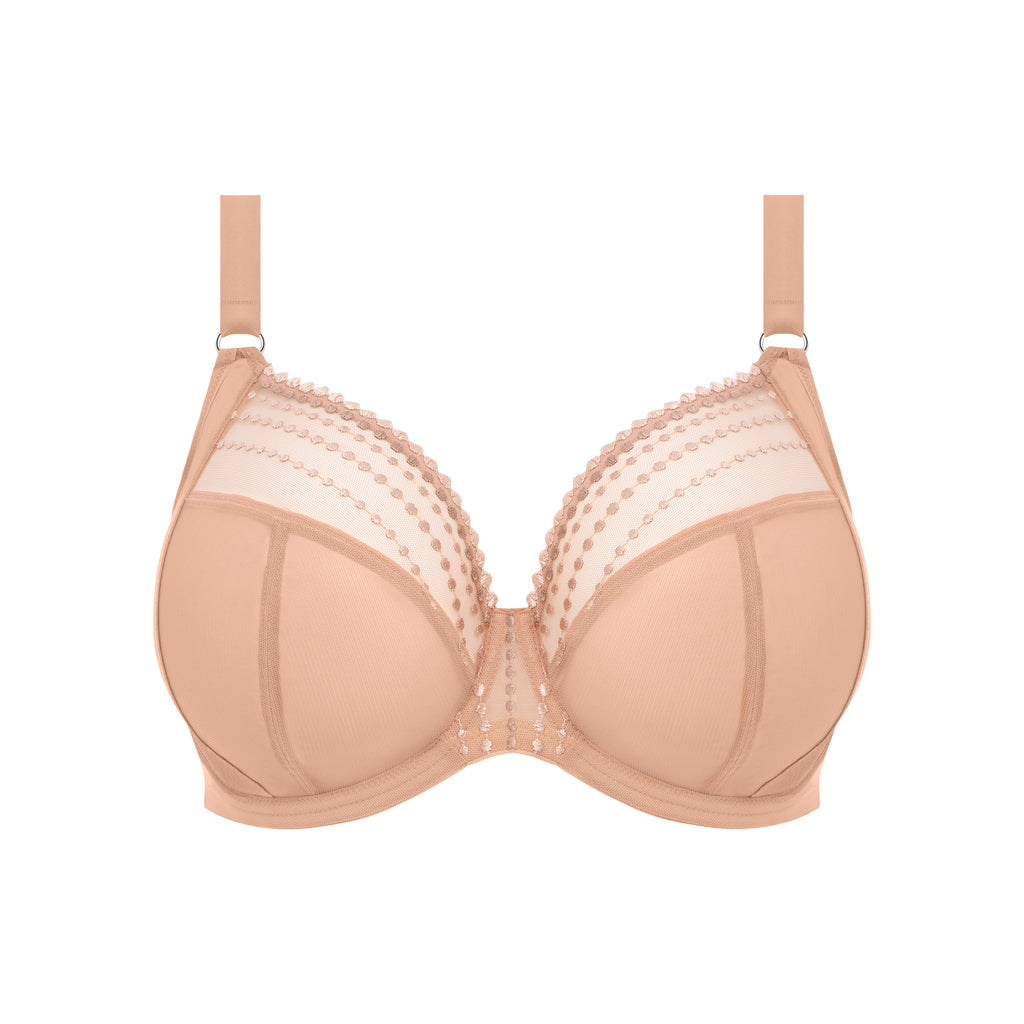 ELOMI Matilda Plunge Cafe Au Lait bra with cutout detail, wireless design, and soft fabric in nude tone.
