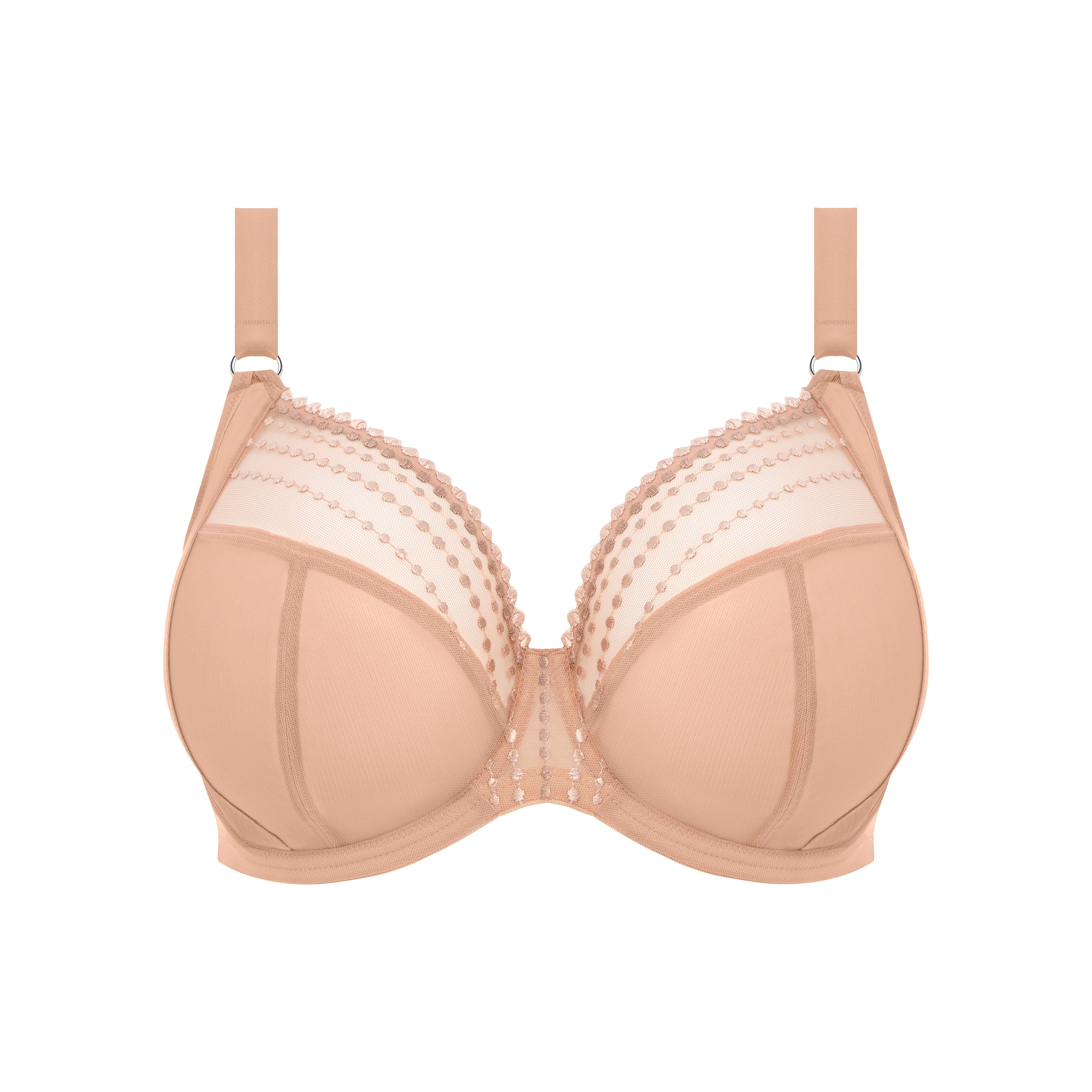 ELOMI Matilda Plunge Cafe Au Lait bra with cutout detail, wireless design, and soft fabric in nude tone.
