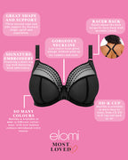 Black Matilda plunge side support bra by ELOMI featuring smooth fabric, adjustable straps, and underwire for comfortable support.