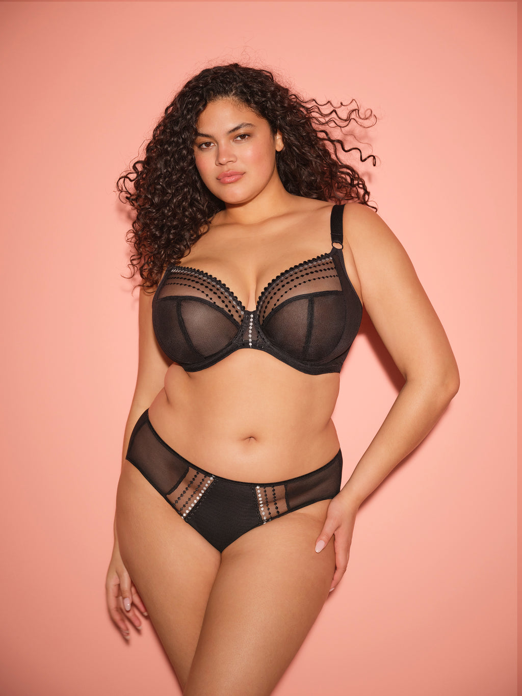 Black Matilda plunge side support bra by ELOMI, featuring smooth fabric, underwire, and supportive design for everyday wear.