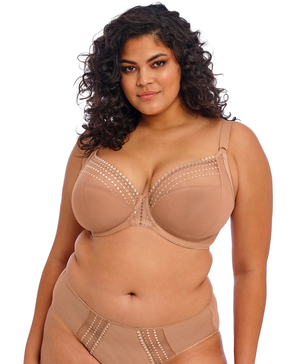 ELOMI Matilda Plunge Cafe Au Lait bra featuring soft fabric, plunging neckline, and delicate cup design in neutral tones.