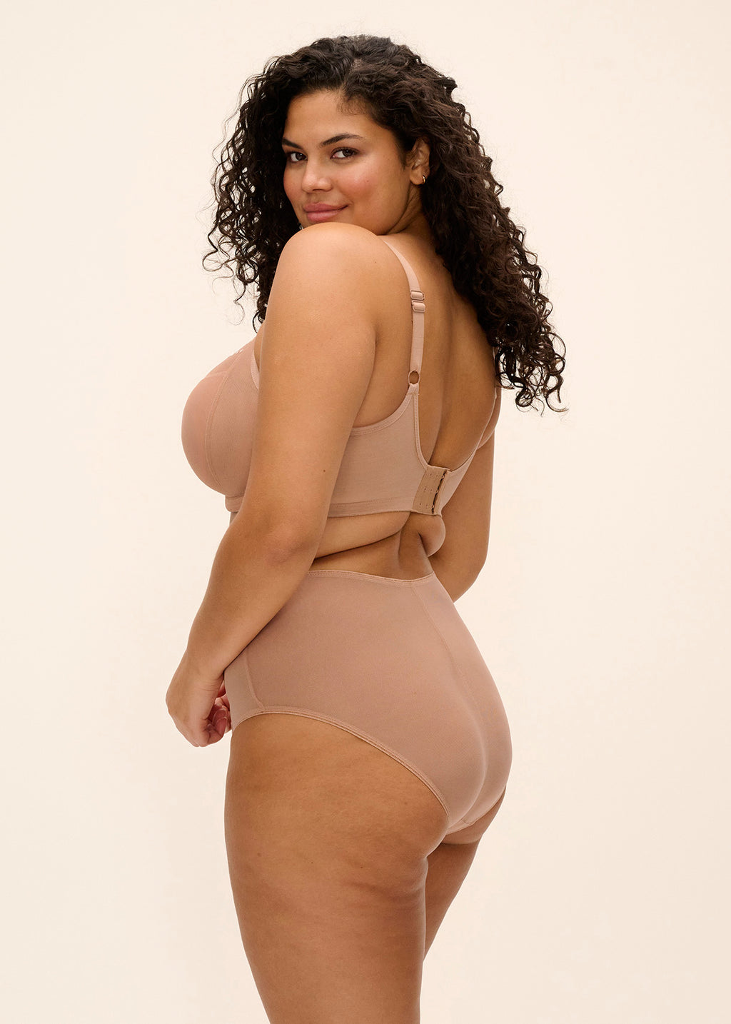 ELOMI Matilda Plunge Cafe Au Lait bra featuring a soft, plunging design with full brief style and delicate lace details.