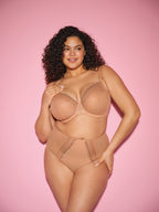 ELOMI Matilda Plunge Cafe Au Lait bra with full brief print design, featuring a comfortable underwire style for everyday wear.