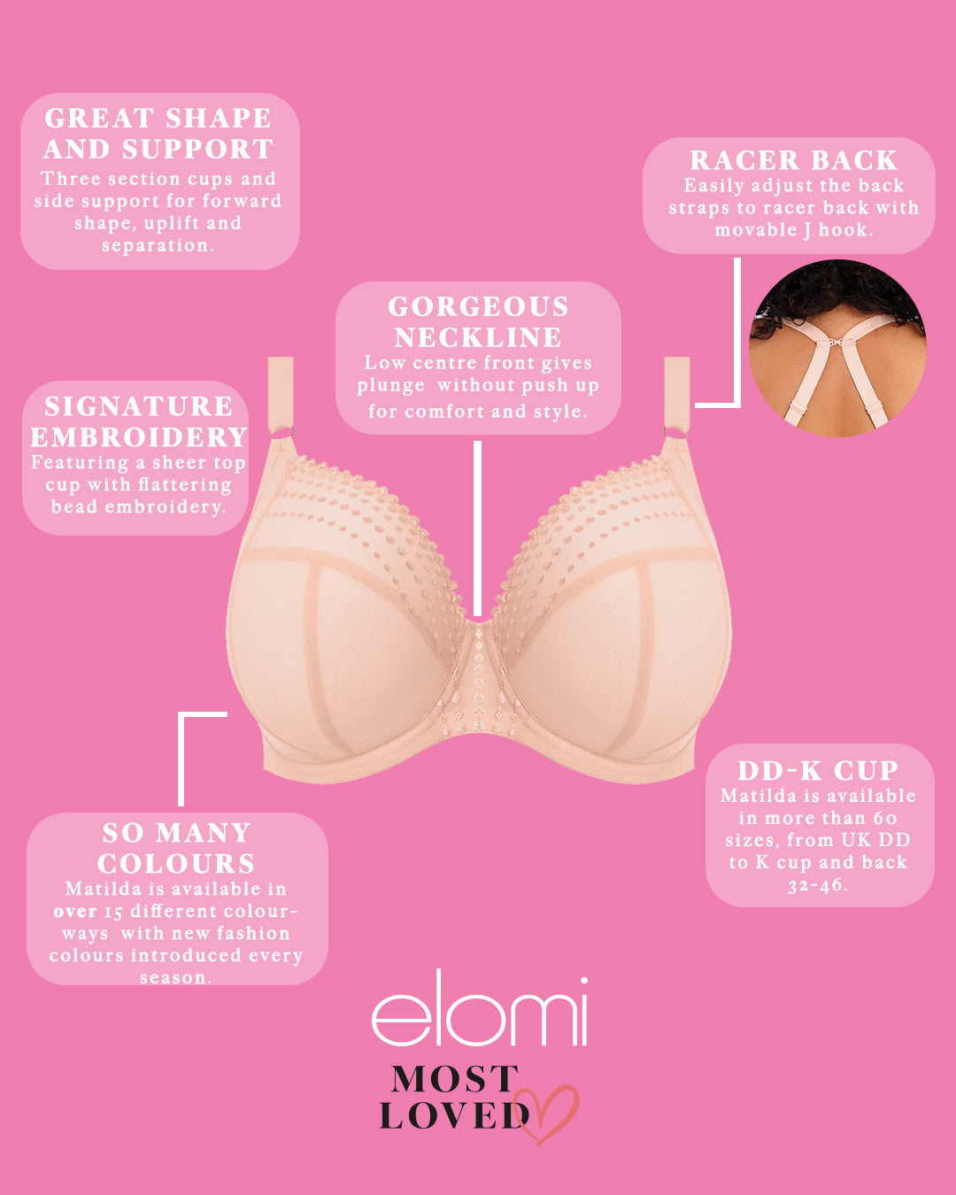 ELOMI Matilda underwire plunge bra in pearl blush with smooth cups and adjustable straps, designed for a comfortable fit.