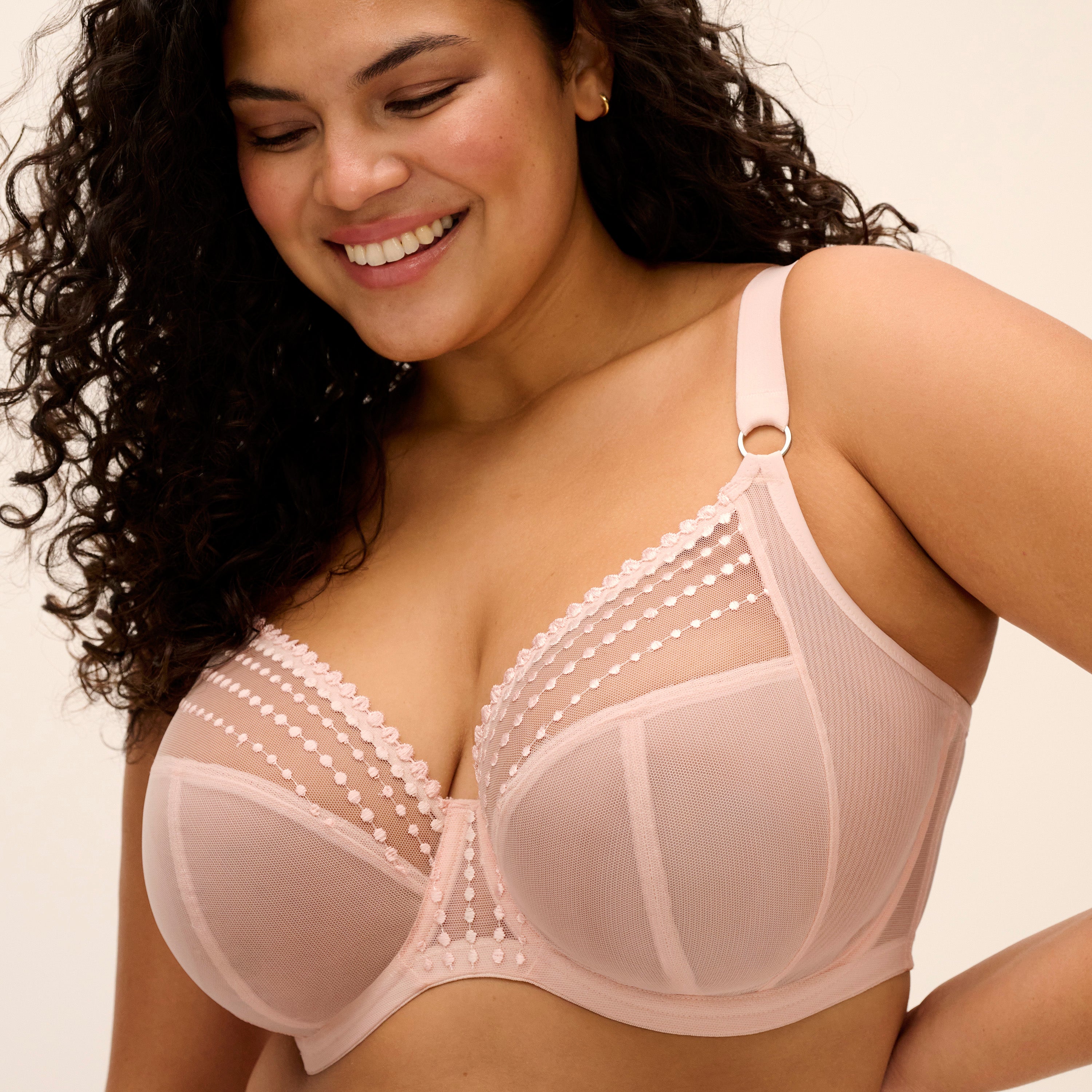 ELOMI Matilda Underwire Plunge Bra in Pearl Blush with supportive underwire and delicate lace details.