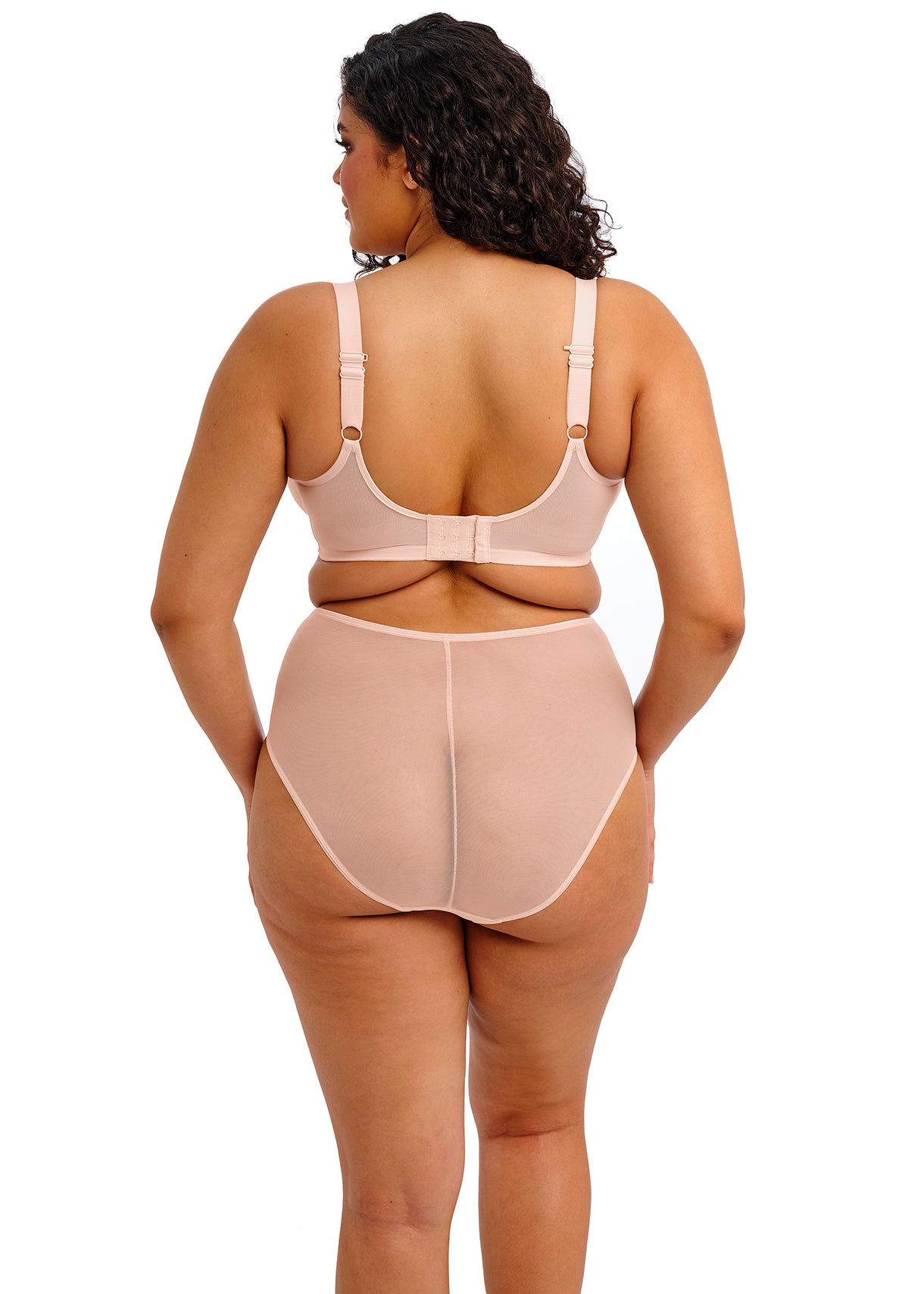 ELOMI Matilda Pearl Blush underwire plunge bra with soft lace cups and bow detail, designed for a flattering fit and elegant look.