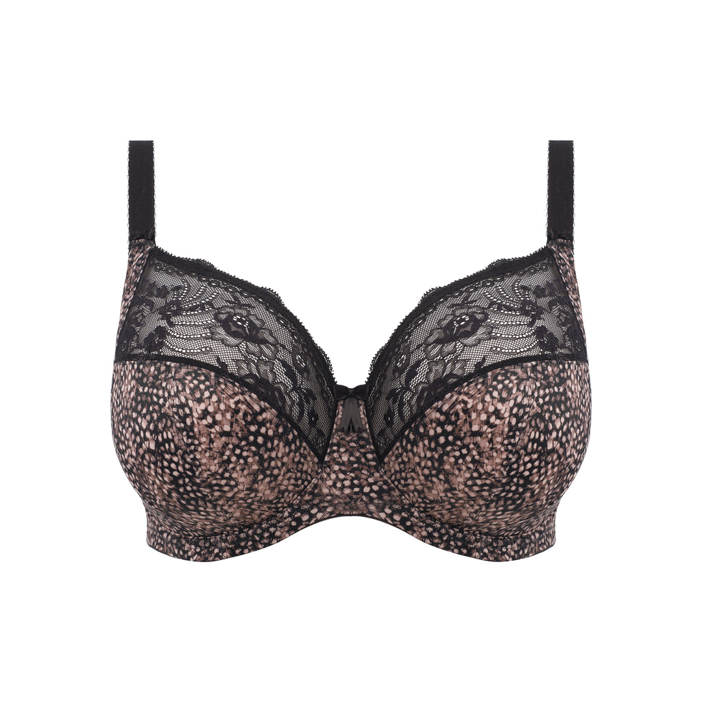 ELOMI Morgan Ebony stretch banded bra with cutout design, soft black fabric, and supportive fit.
