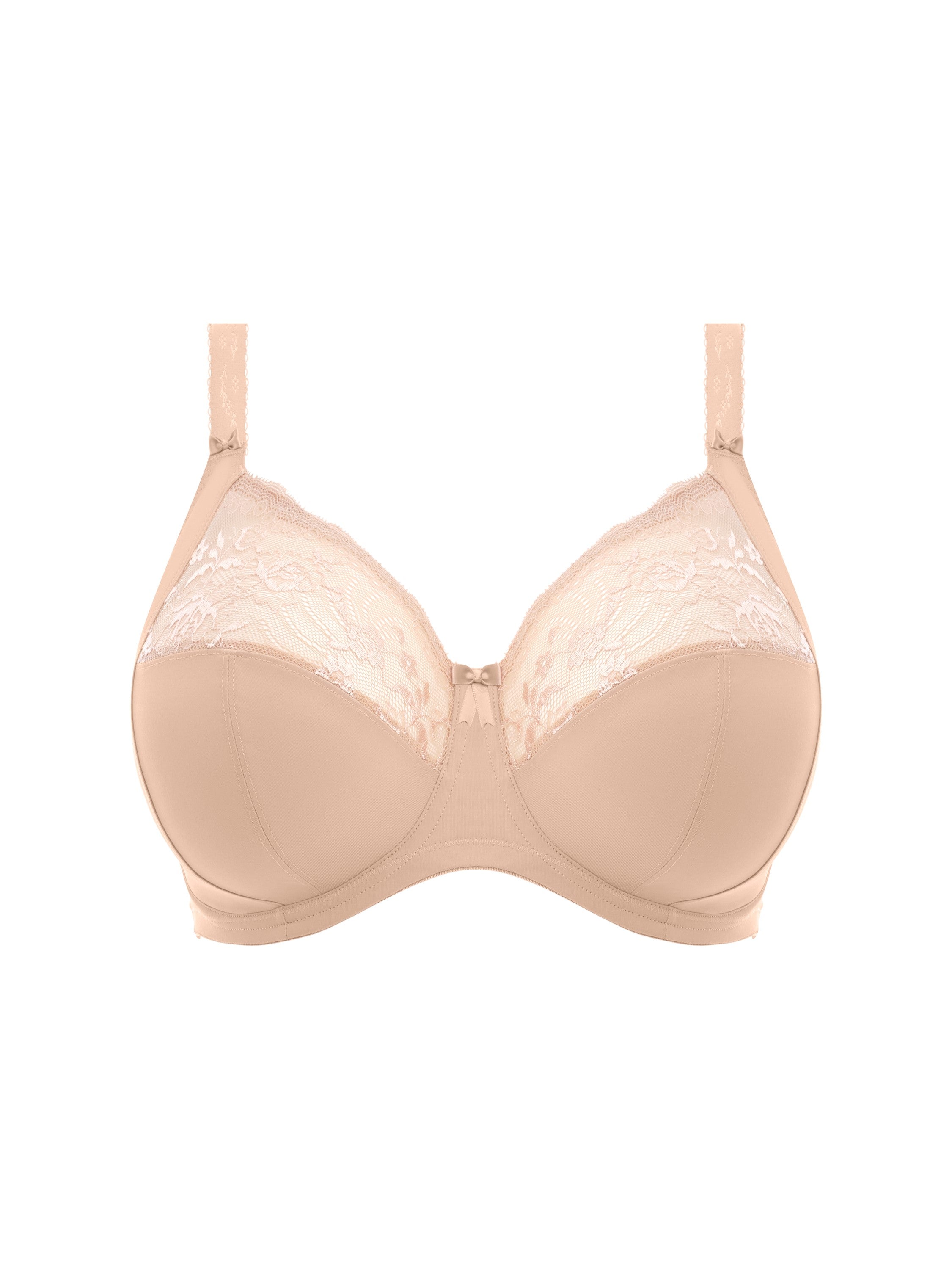 ELOMI Morgan Stretch Banded Bra in Sahara Nude, featuring a comfortable band and cutout design, displayed on a mannequin.