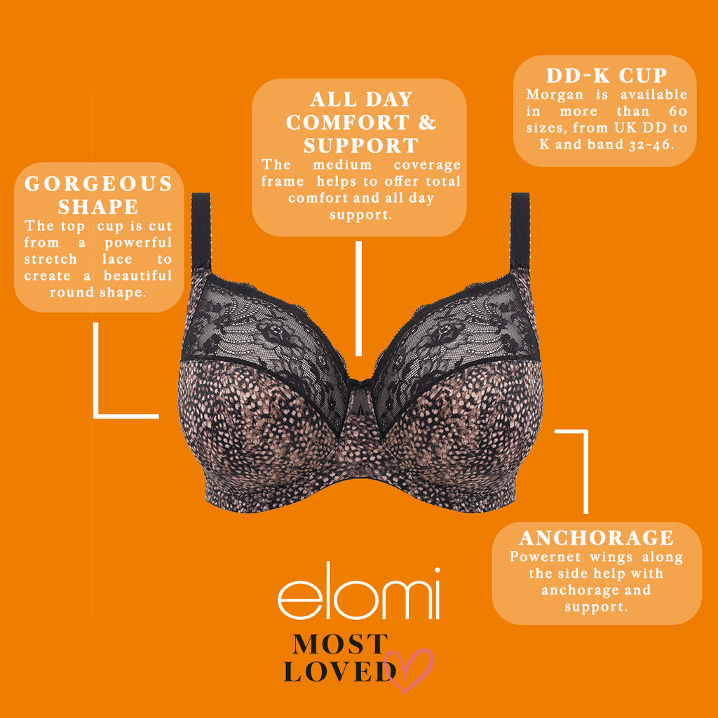 ELOMI Morgan Stretch Banded Bra in ebony with smooth cups and adjustable straps, shown on a white background.