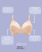 ELOMI Morgan Stretch Banded Bra in Sahara Nude, showing the soft fabric and banded design on a neutral background.
