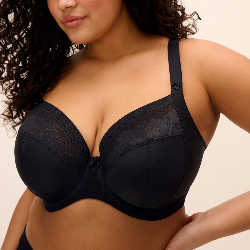 Black Nerina Underwire Plunge Bra by Elomi featuring stretch fabric, soft cups, and supportive design for everyday comfort.