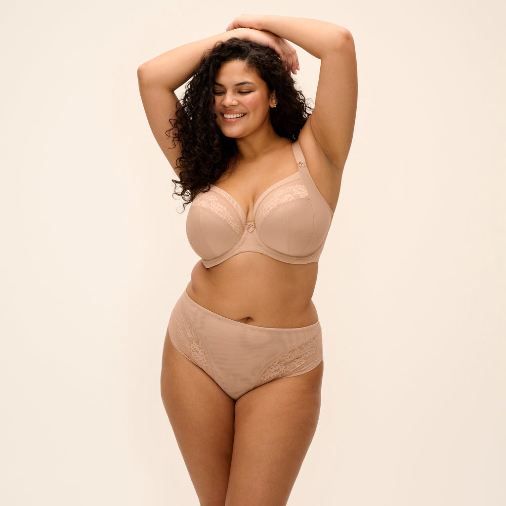 ELOMI Nerina Underwired Plunge Bra in Sahara with stretch fabric, featuring smooth cups and adjustable straps.
