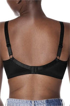 Black Nancy wire-free bra by AMOENA, front and back view showing seamless design and comfortable fit.