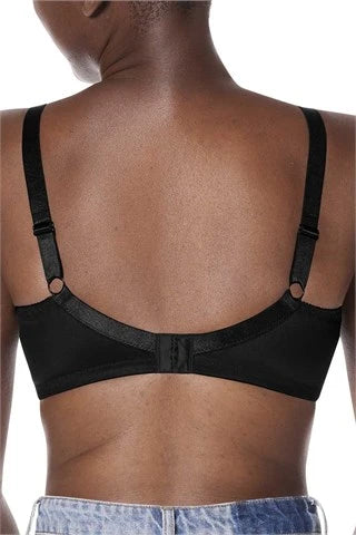 Black Nancy wire-free bra by AMOENA, front and back view showing seamless design and comfortable fit.