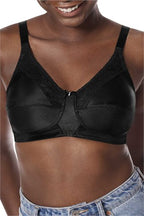 Black Nancy wire-free bra by AmOeNa with smooth cups and supportive design, shown from the front.