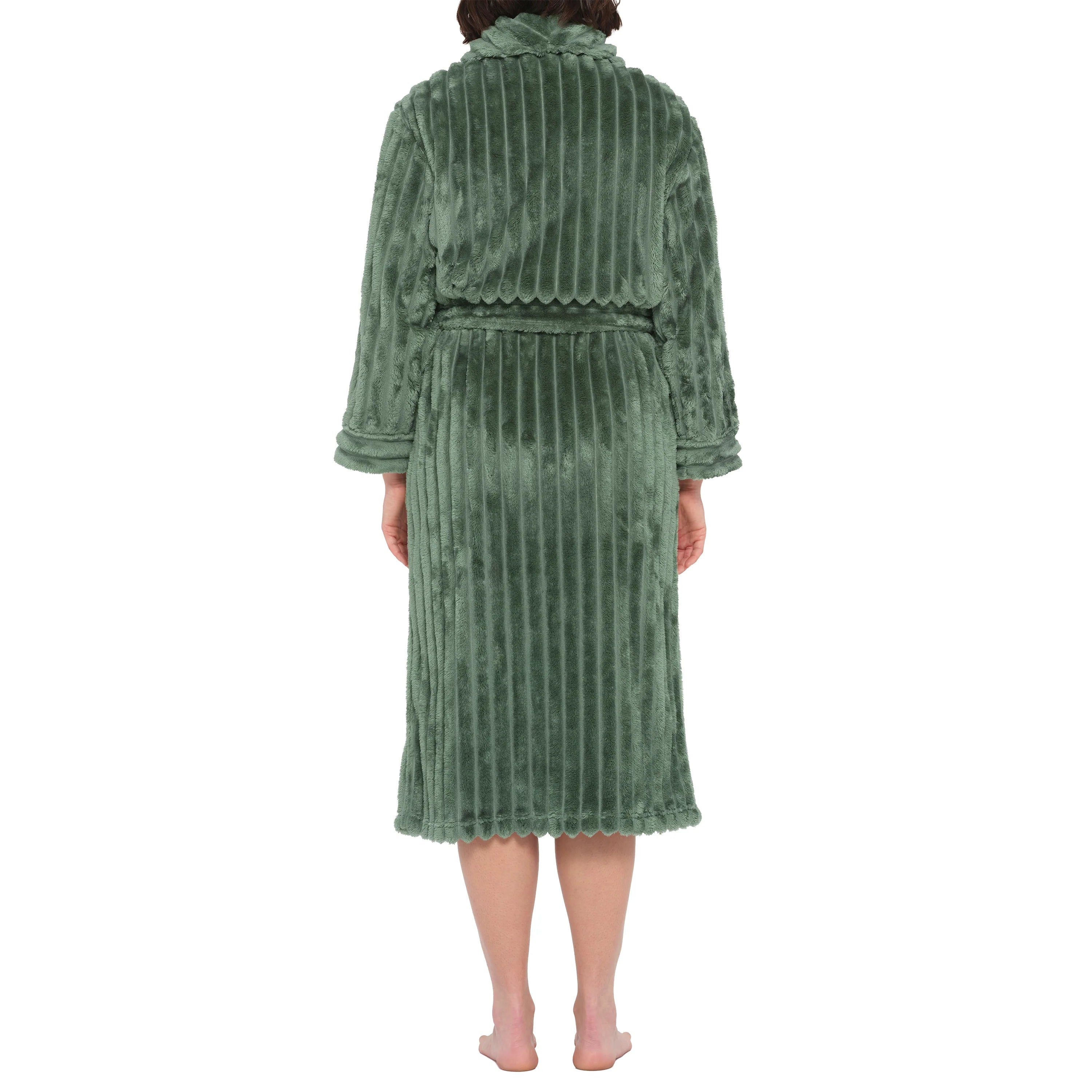 Magnolia olive shawl collar jacquard fleece dressing gown, back view, cozy sleepwear with textured pattern and relaxed fit.