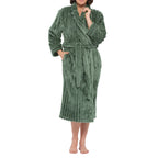 Magnolia olive shawl collar luxe jacquard fleece dressing gown, side view showcasing soft fabric and cozy design.