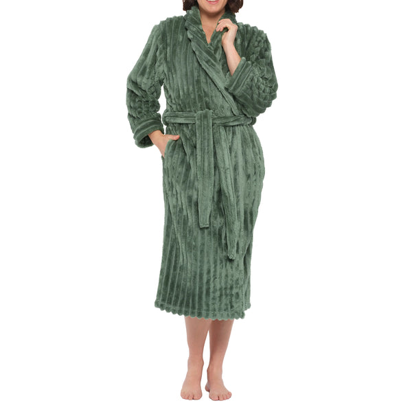 Magnolia olive shawl collar luxe jacquard fleece dressing gown, side view showcasing soft fabric and cozy design.