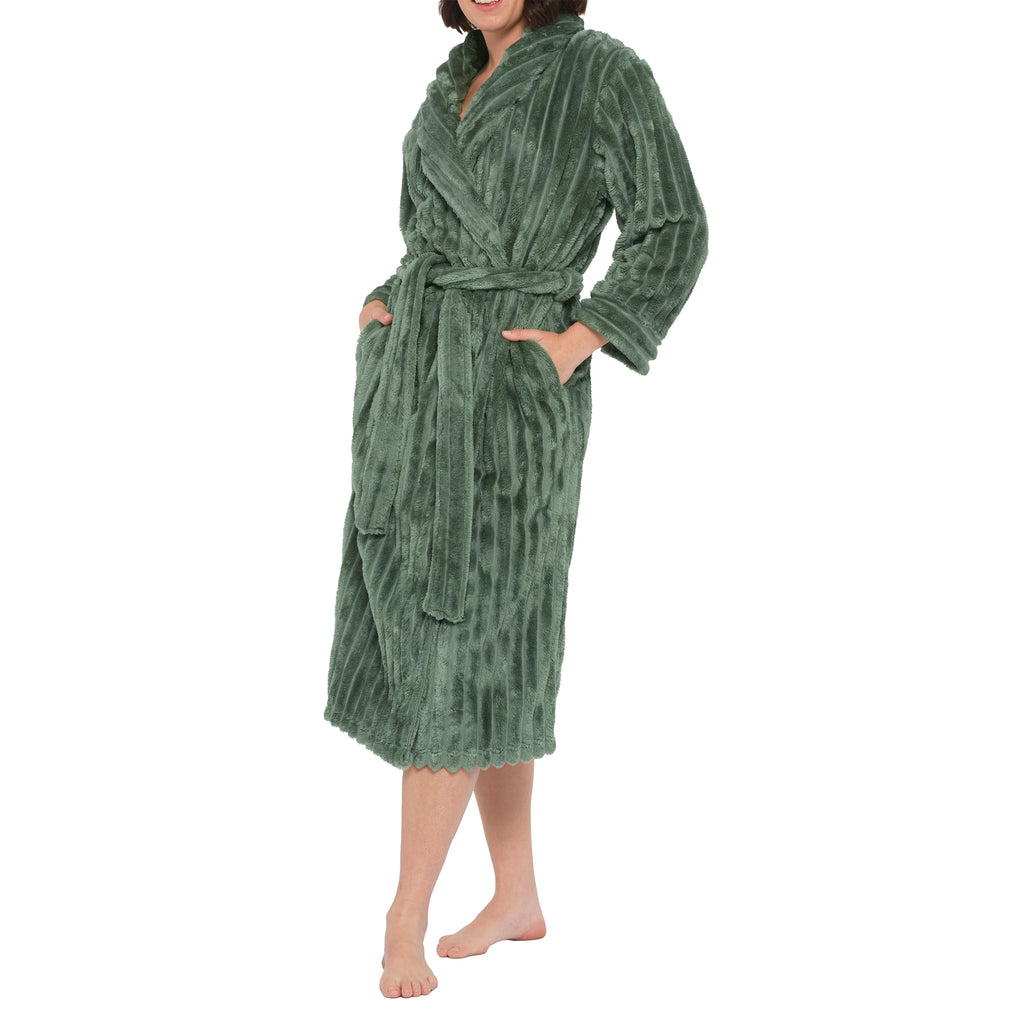Magnolia olive shawl collar jacquard fleece dressing gown, cozy sleepwear with intricate pattern, side view of the luxurious design.