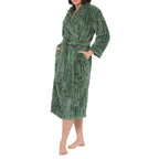 Magnolia olive shawl collar jacquard fleece dressing gown, cozy sleepwear with intricate pattern, side view of the luxurious design.
