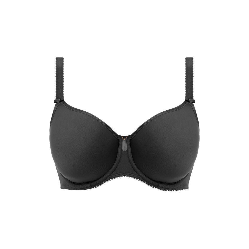 Fantasie Rebecca Essential underwire T-shirt bra in black with molded spacer cups, seamless design, and adjustable straps.