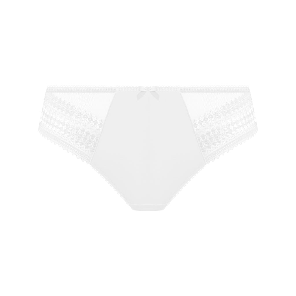 Fantasie Rebecca full brief underwear with lace side inserts in white, featuring cutout print design.