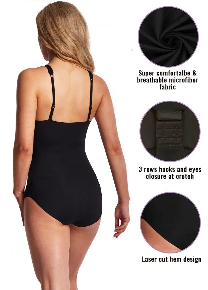 Black microfiber seamless shapewear bodysuit by LA SCULPTÉ, featuring smooth, form-fitting design for a sleek silhouette.