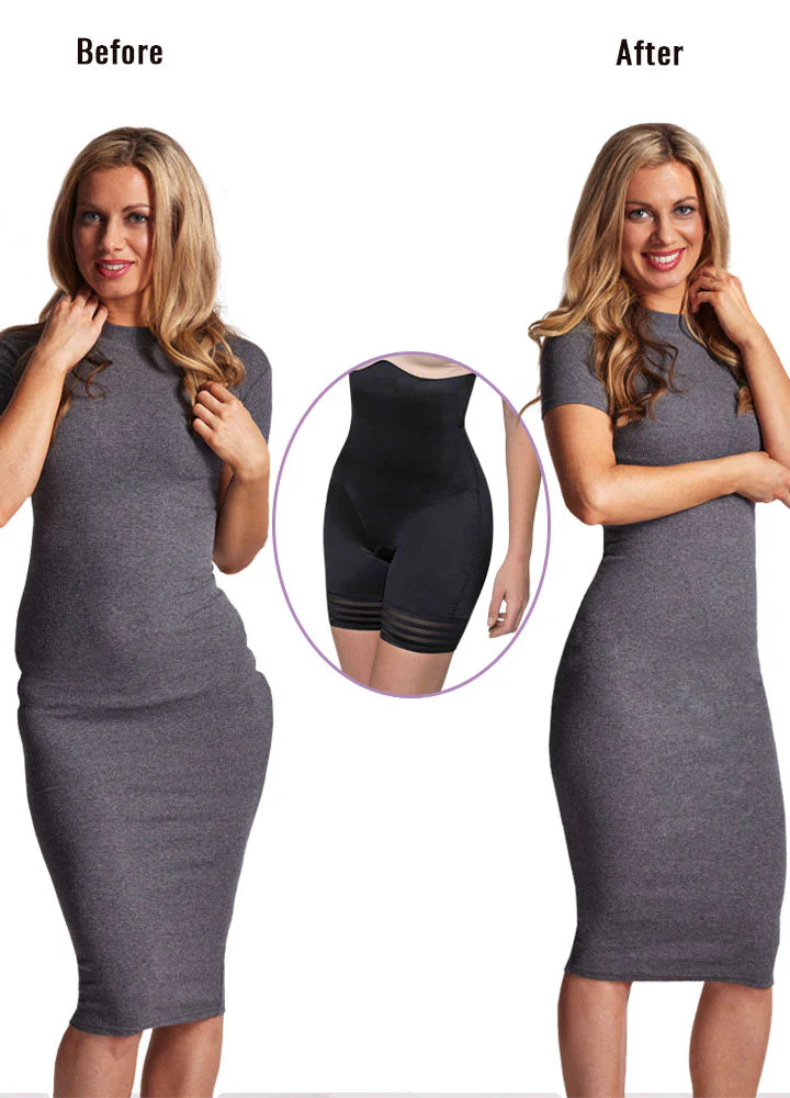 Black firm control high-waisted shapewear shorts by LA SCULPTE, shown before and after for a smooth, sculpted silhouette.