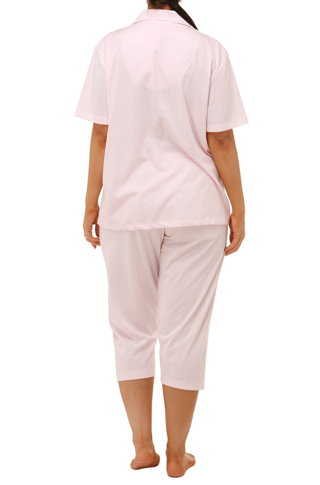 Pink polka dot cotton-polyester PJ set with button front and breast pocket by SHRANK