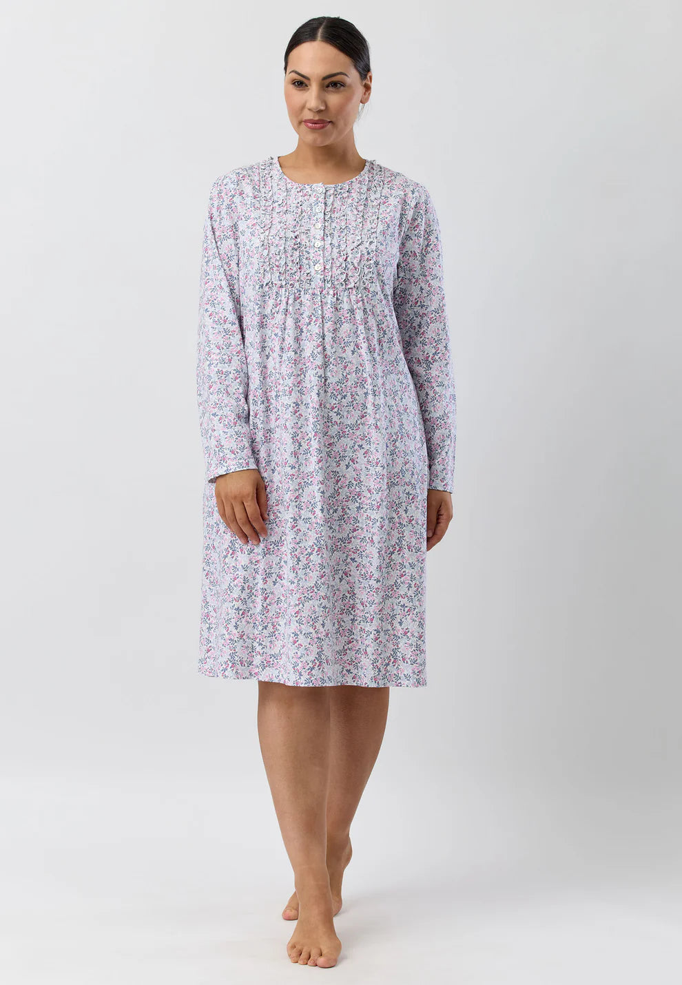 Pink Flowerette Ruffle Nightie by SCHRANK, soft sleepwear with delicate ruffles and floral details, designed for comfortable sleep.