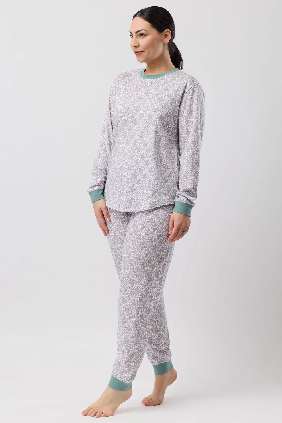Pink Oriental Ski PJ Set sleepwear by SCHRANK featuring cozy fabric and a playful ski-themed pattern.