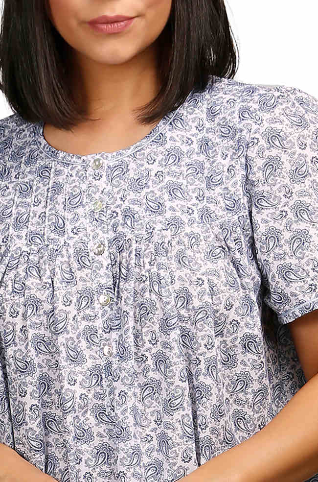 Lightweight Cotton Nightie Short Sleeve Blue Paisley Button Front